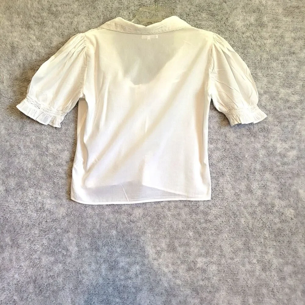 Reformation Blouse Size Small White Lace Inserts Organic Cotton Puff Sleeve USA - Picture 2 of 9